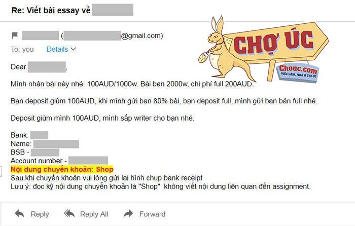 Email correspondence with a Vietnamese contract cheating service